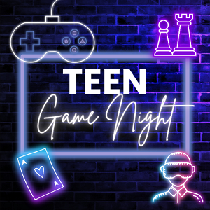 Neon signs with gaming symbols and "TEEN Game Night" text on a brick wall background.