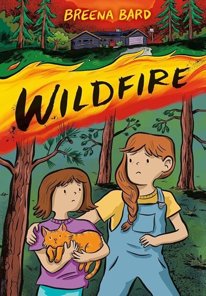 A colorful book cover titled "Wildfire" by Breena Bard, featuring two girls holding a cat, with a forest backdrop and flames.
