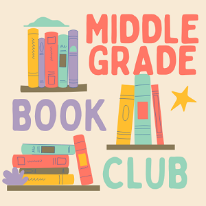 Illustration of colorful books on a shelf with "MIDDLE GRADE BOOK CLUB" text above.