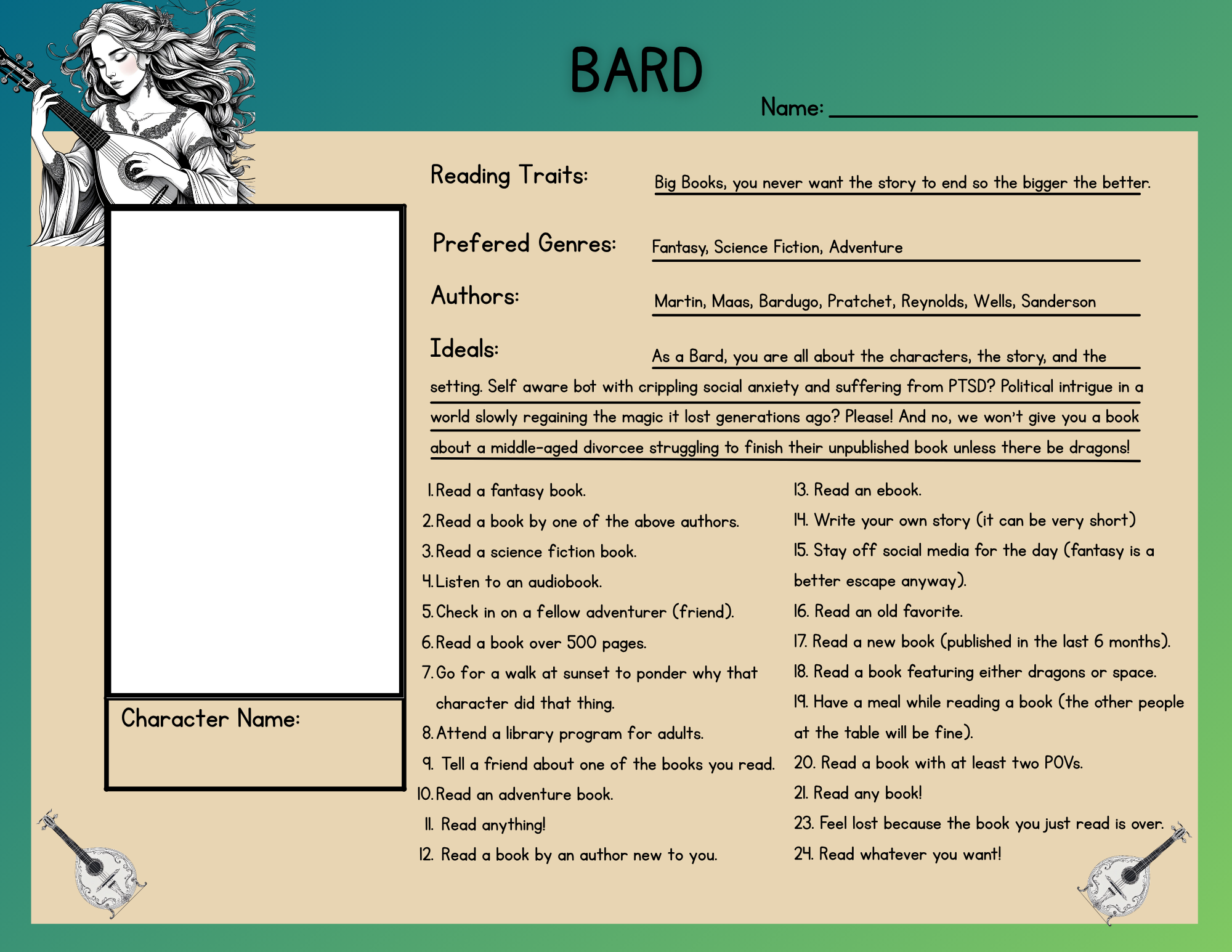 A reading challenge for "Bard" with traits, genres, and tasks like reading fantasy, adventure, or sci-fi books; listening to audiobooks, etc.