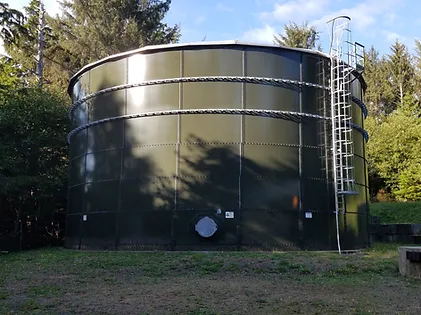A large industrial storage tank with a ladder, surrounded by trees under a clear sky.