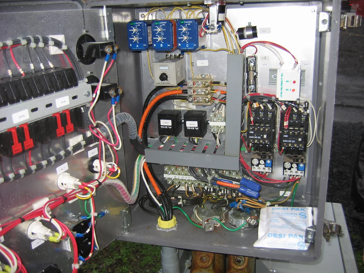 An electrical control panel with circuit breakers, wiring, and components.