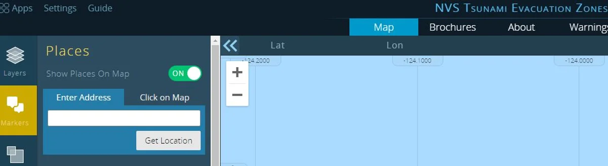 User interface of a map application with options to enter an address, toggle places on map, and zoom controls visible.