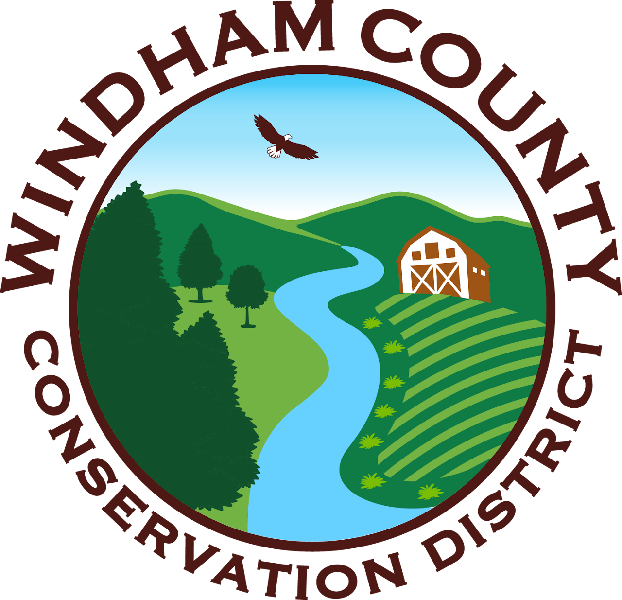 Emblem with a barn, trees, river, hills, a bird, and text "Windham County Conservation District."