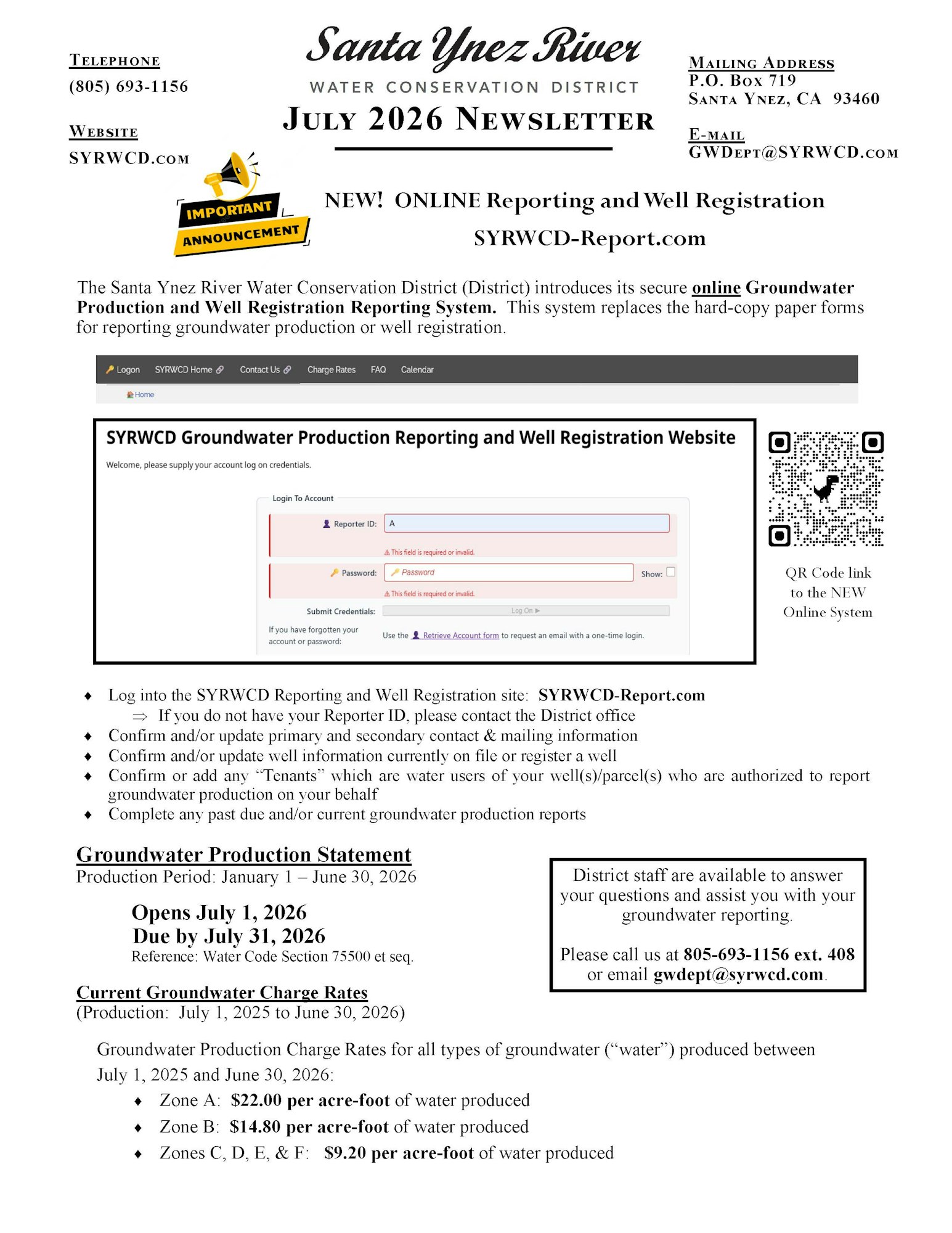 Santa Ynez River Water Conservation District July 2026 newsletter, page 1
