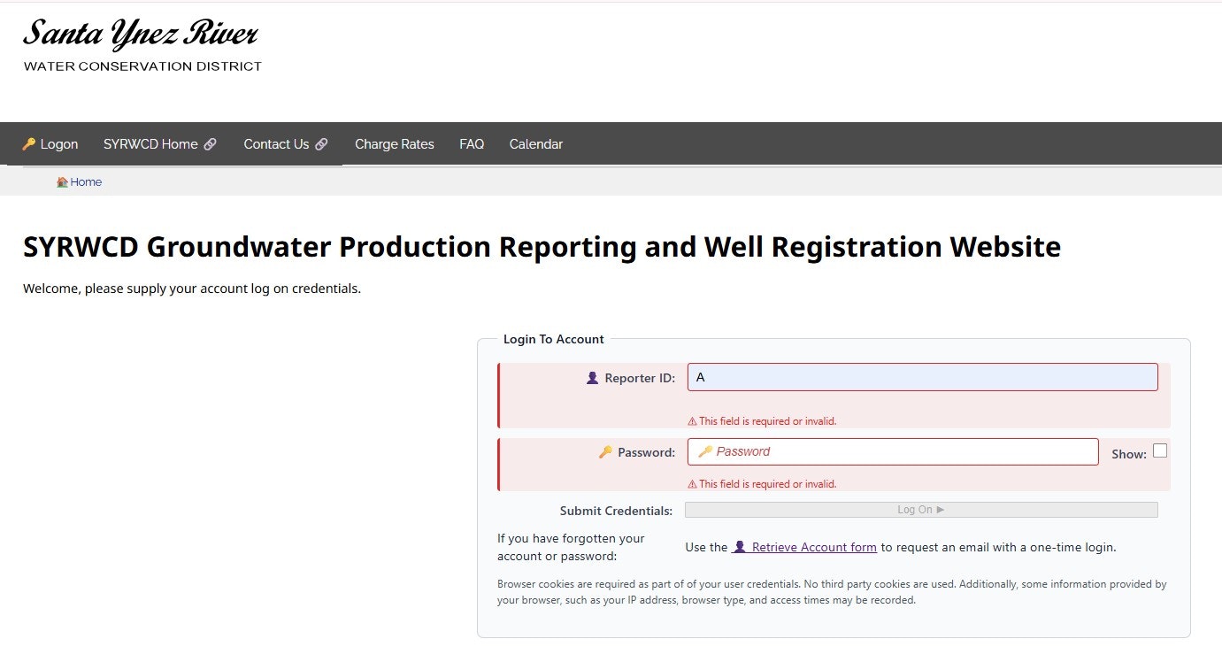 Login page for the Santa Ynez River Water Conservation District's groundwater reporting and well registration.
