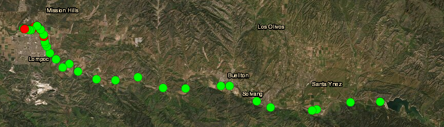 May contain: Santa Ynez River., map, plot points