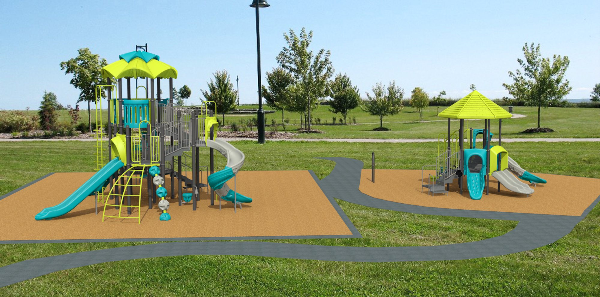 Two playground structures with slides and climbing features on a grass field with trees in the background.