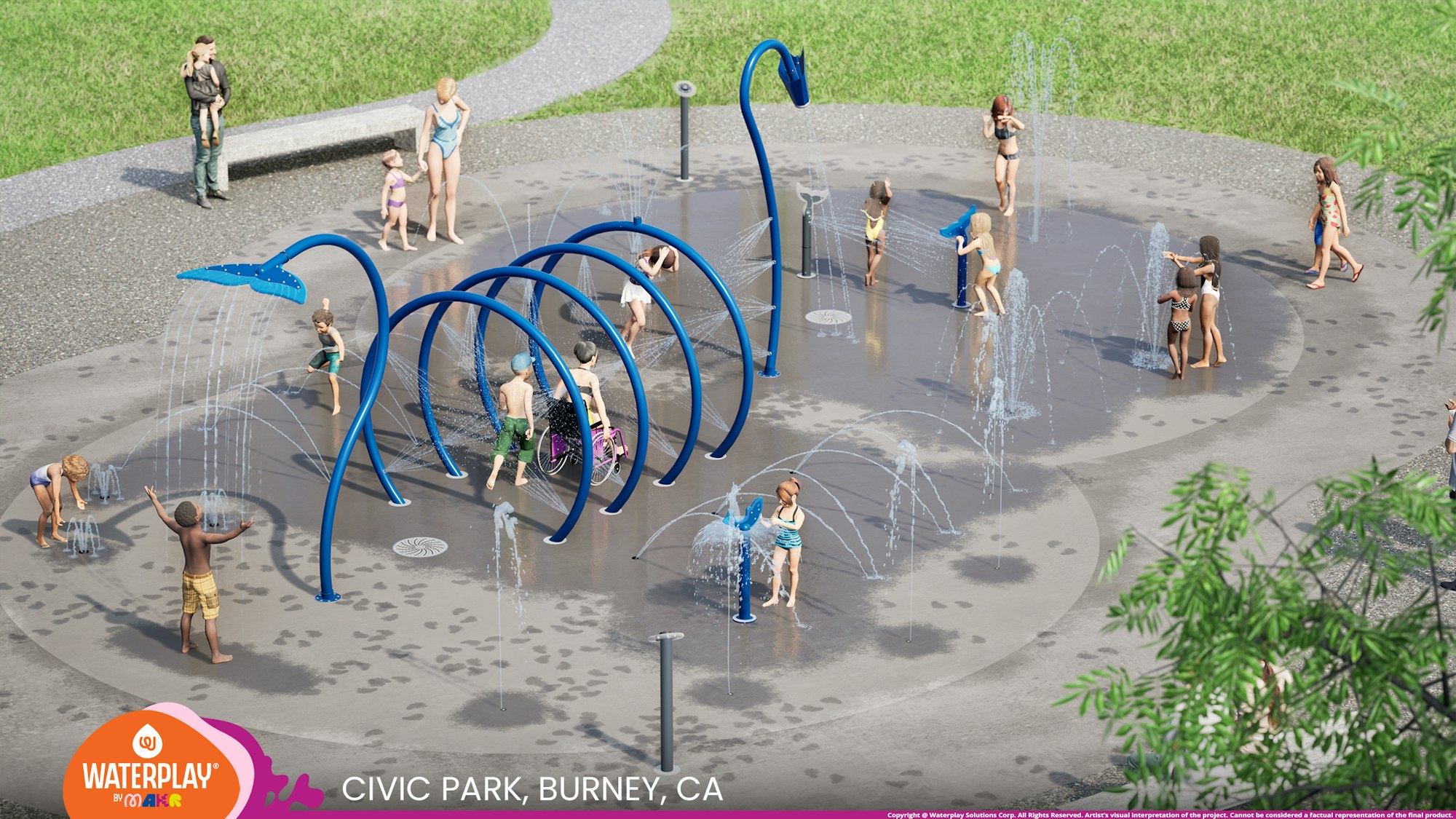 Children playing at a splash park with blue water features and fountains at Civic Park, Burney, CA.