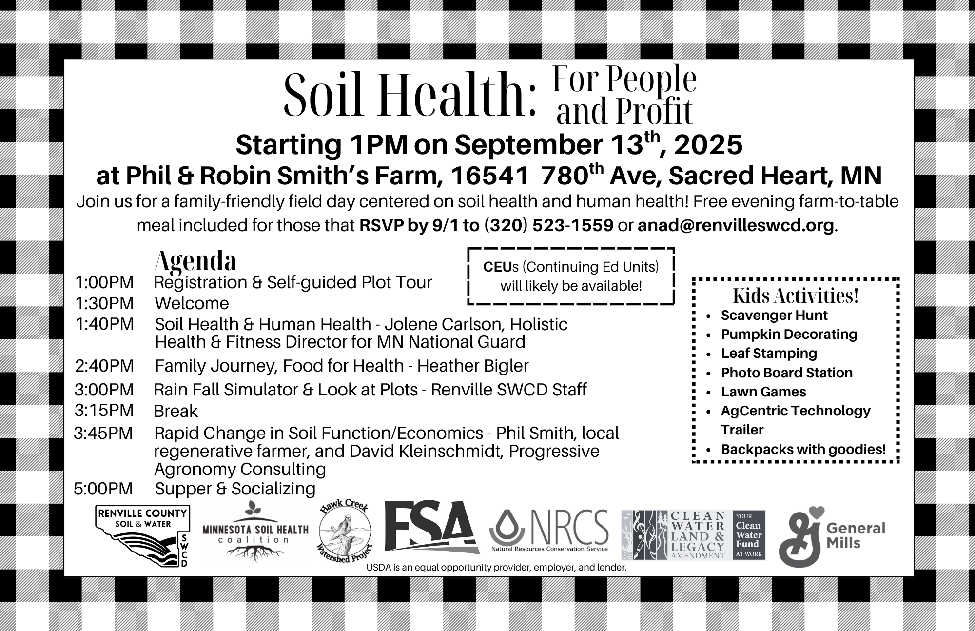 Event on soil health at Smith's Farm, Sacred Heart, MN, Sept 13, 2025, with talks, kids' activities, and RSVP info.