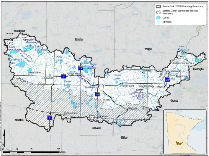 A map displaying a watershed district with lakes, streams, and various annotations likely related to water management.
