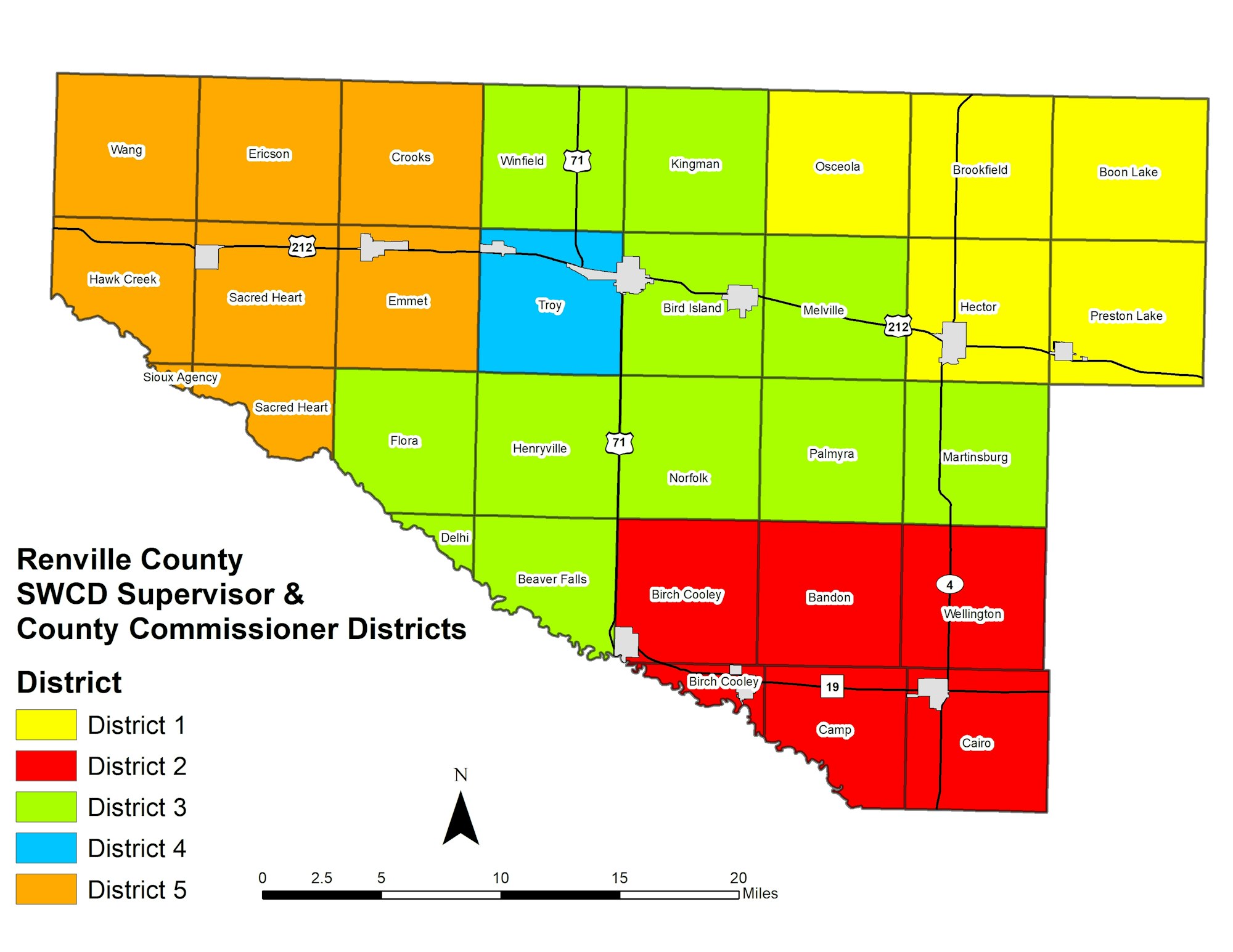 A color-coded map of Renville County districts with township names and roads.