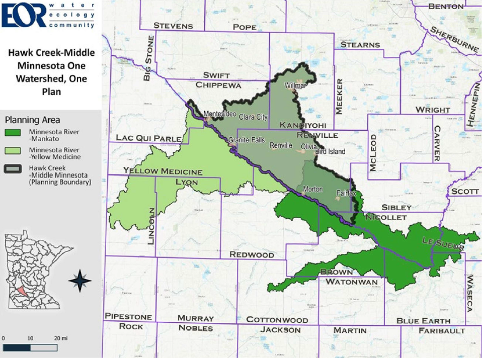 A map showing the Hawk Creek-Middle Minnesota One Watershed, One Plan area with different planning areas highlighted.