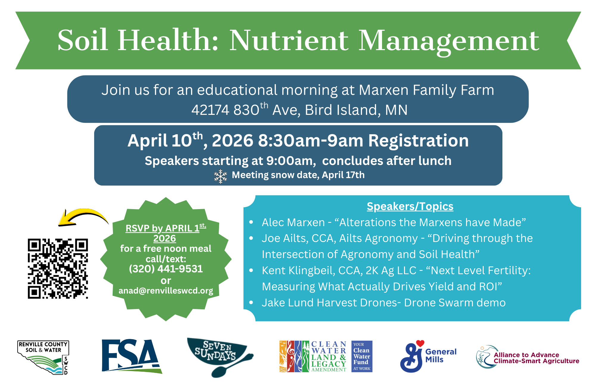 Event on April 10, 2026, at Marxen Family Farm, focusing on soil health and nutrient management. RSVP by April 1.