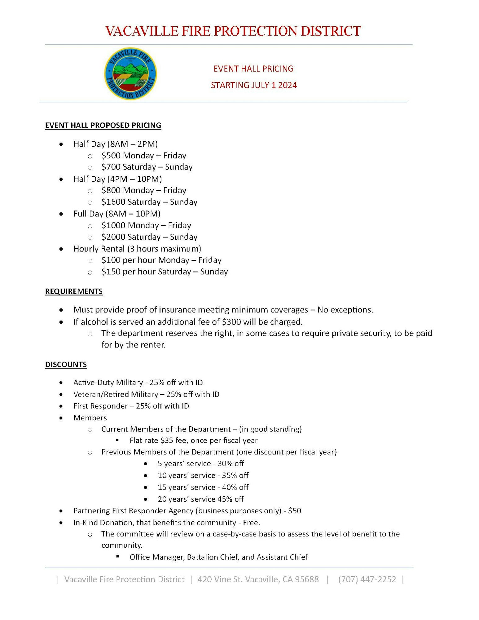 Document listing event hall pricing, requirements, and discounts, for Vacaville Fire Protection District starting July 1, 2024.