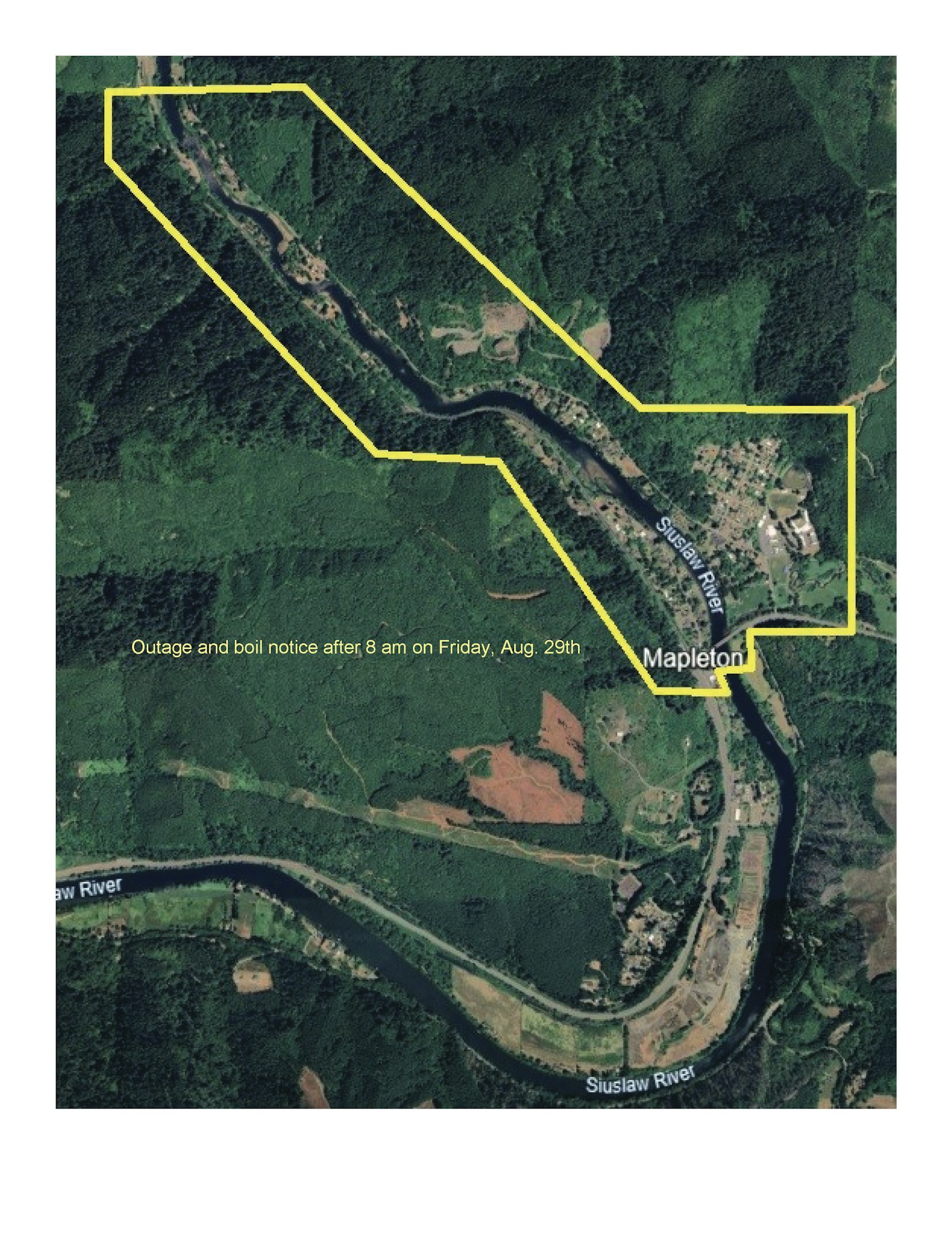 Map of a river area with a yellow boundary, labeled “Mapleton." Text: "Outage and boil notice after 8 am on Friday, Aug. 29th.”