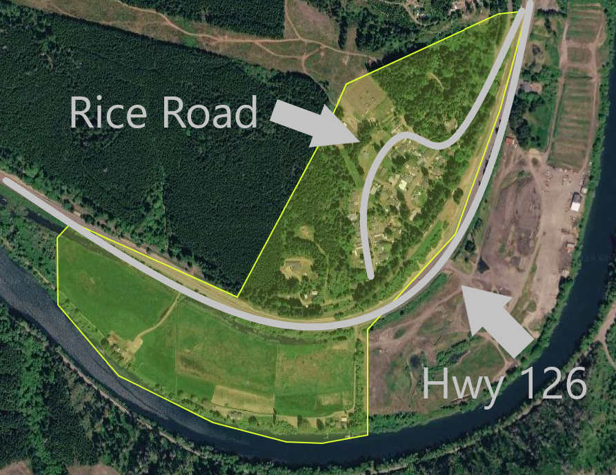 The image shows a map with highlighted areas, marking Rice Road and Hwy 126, alongside natural features and land use.