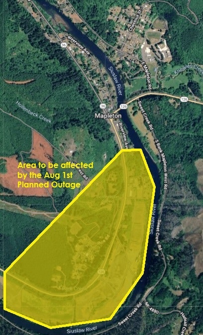 Map of Mapleton area with a yellow-shaded region showing the planned power outage area for August 1st.