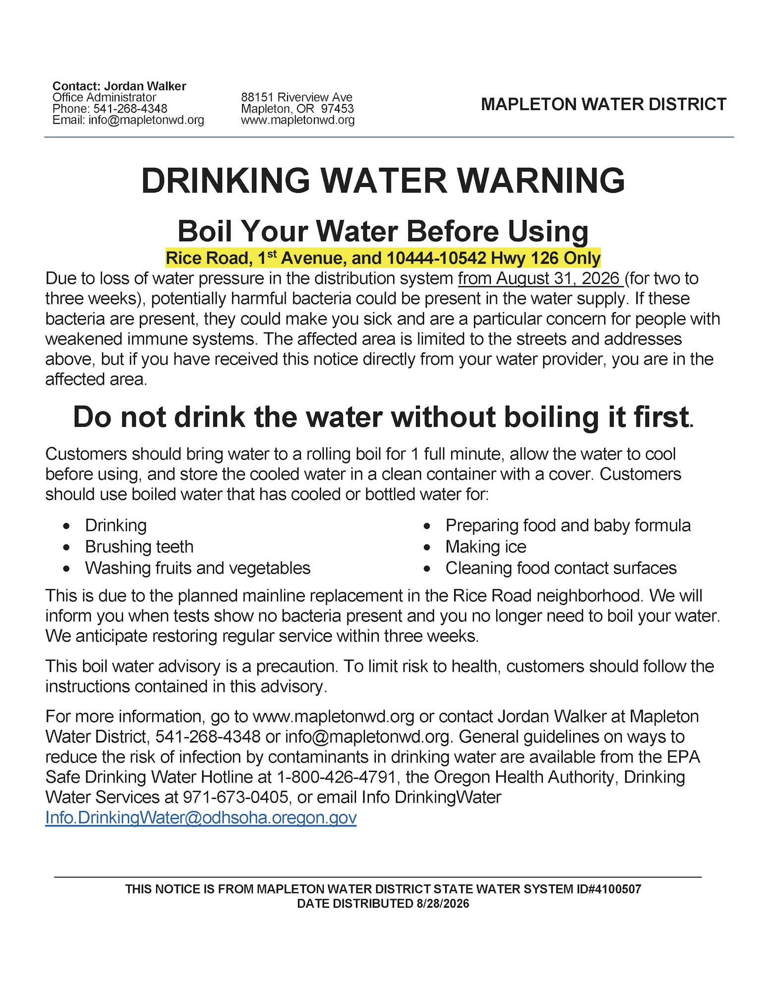 Boil water before use in Mapleton, OR, due to bacteria risk. Affected areas: Rice Road, 1st Ave, and specific Hwy 126 addresses.