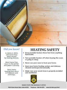 A flyer about heating safety, with tips and a portable heater image at the top, set against a wooden floor background.