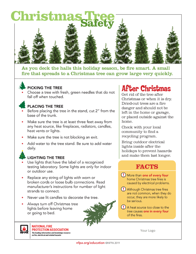 An informative flyer on Christmas Tree Safety, including tips on selection, placement, lighting, and post-Christmas disposal, with safety facts.