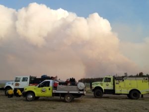 Fire trucks in front of a large smoke plume from a wildfire.