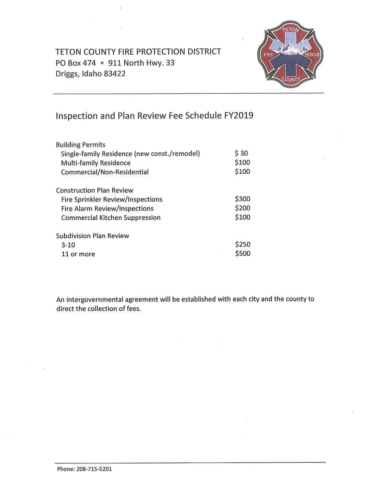 It's a document outlining the Teton County Fire Protection District fee schedule for various inspection and plan review services.