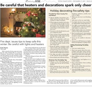 An article with fire safety tips for heaters and holiday decorations, alongside an image of a festive room with a lit fireplace.