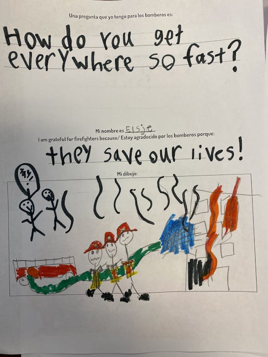 Child's drawing of firefighters with text expressing gratitude for their life-saving actions.