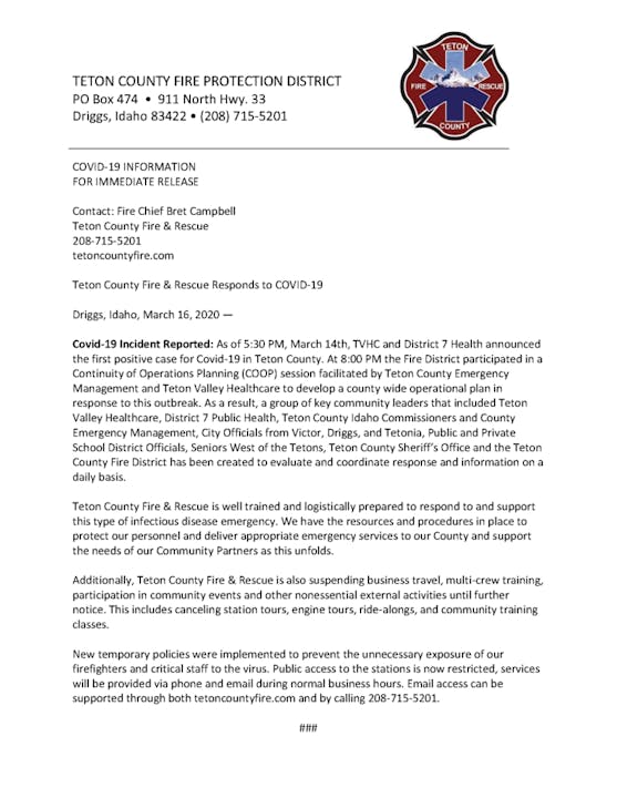 A press release from Teton County Fire Protection District regarding COVID-19 response and new policies.