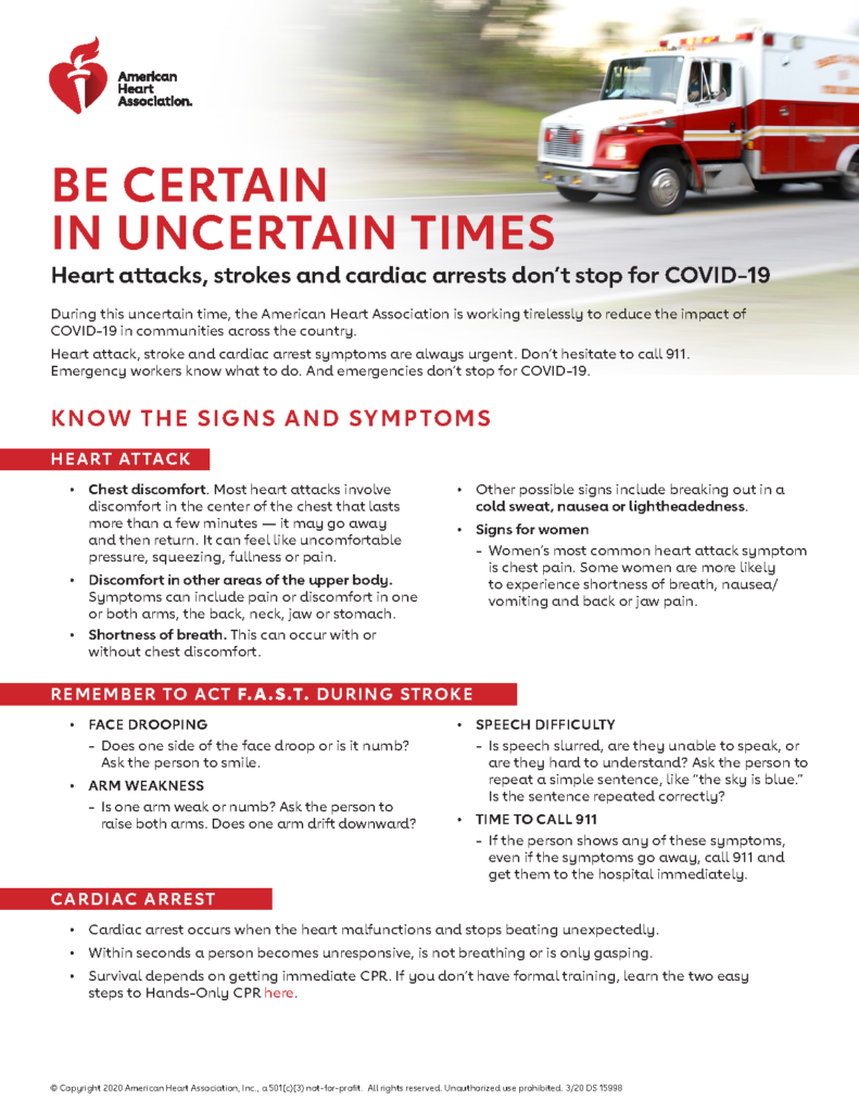 Image of an informational poster by the American Heart Association on heart attack, stroke, and cardiac arrest signs.