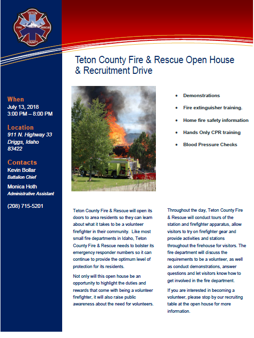 Flyer for a Teton County Fire & Rescue open house and recruitment event with date, location, activities, and contact info.