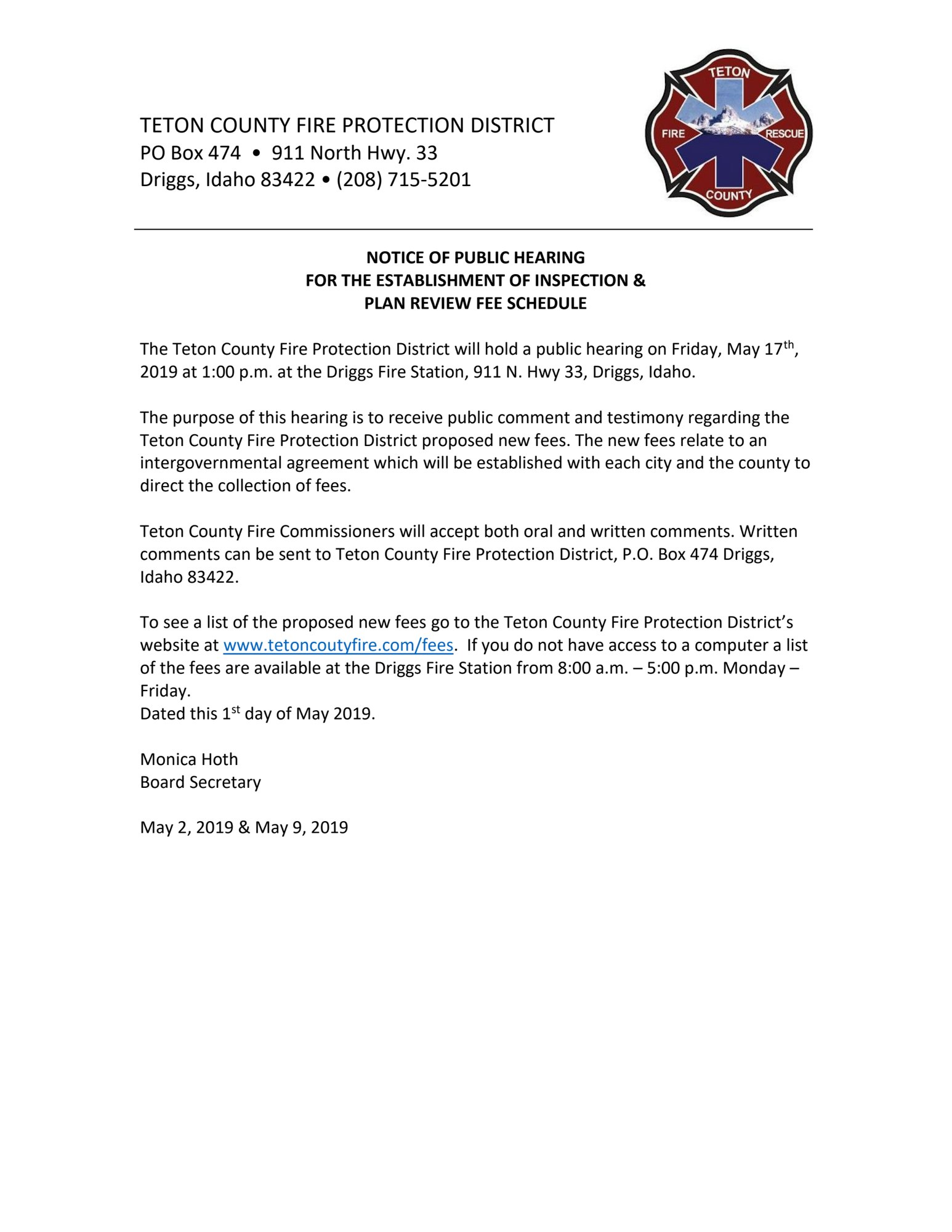 Notice of public hearing for Teton County Fire Protection District regarding new fee schedule.