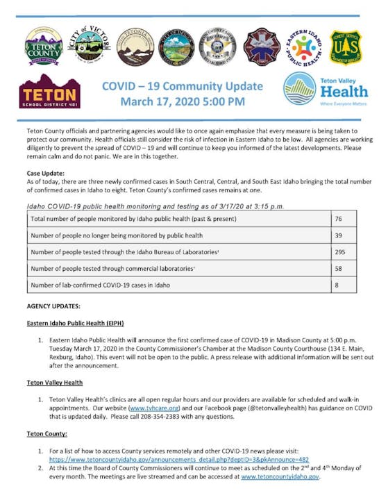 A COVID-19 community update document from Teton County for March 17, 2020, with health and testing statistics and agency updates.