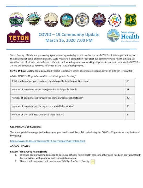 A COVID-19 Community Update flyer from Teton, dated March 16, 2020, with statistics, guidelines, and agency updates.