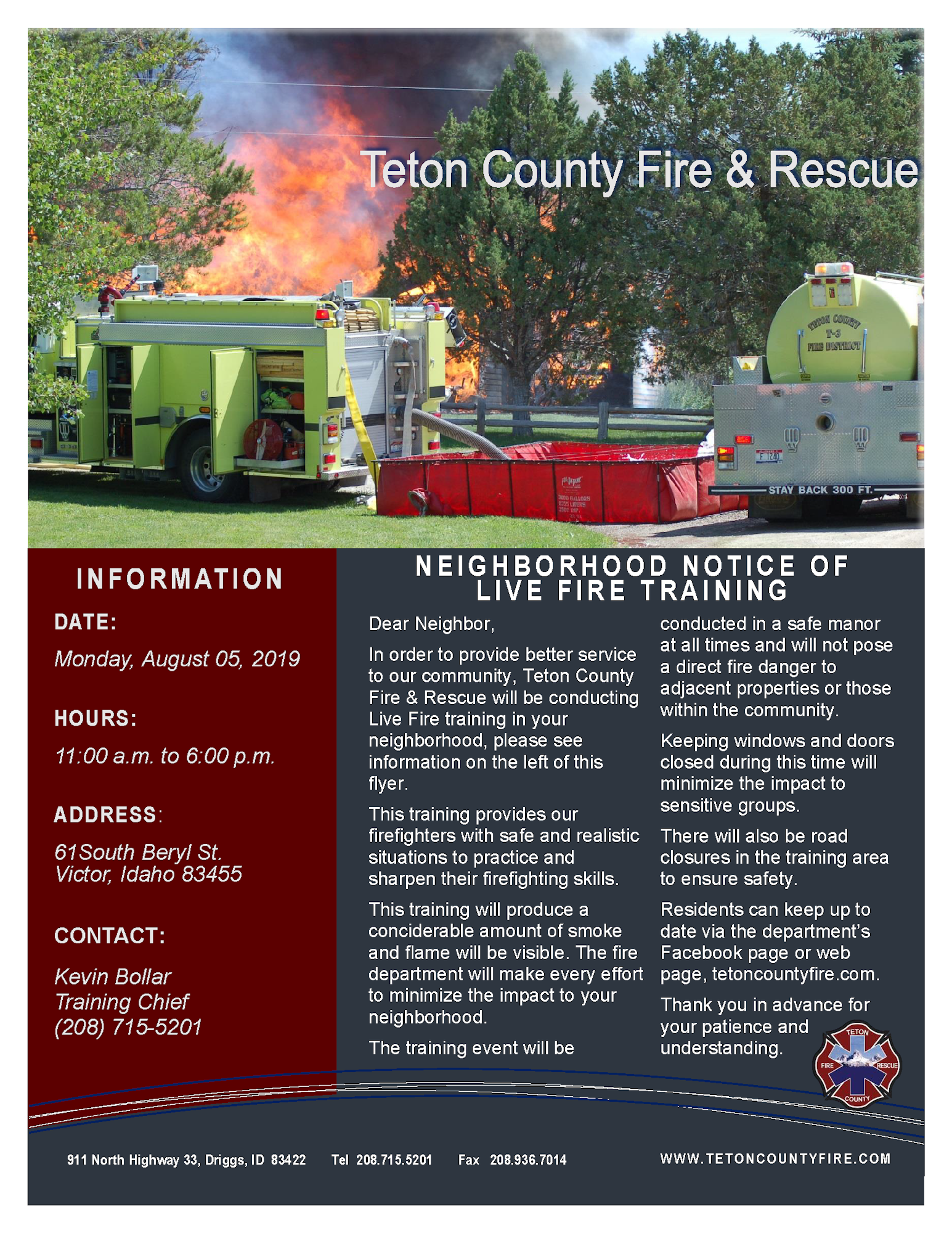 A flyer for Teton County Fire & Rescue live fire training event, with information about date, location, and safety precautions.
