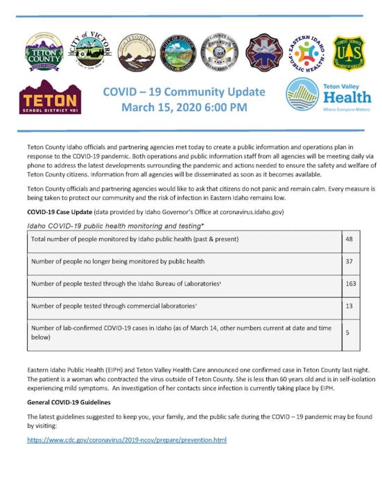 It's a COVID-19 community update document from Teton County for March 15, 2020, detailing case numbers, testing, and public health information.