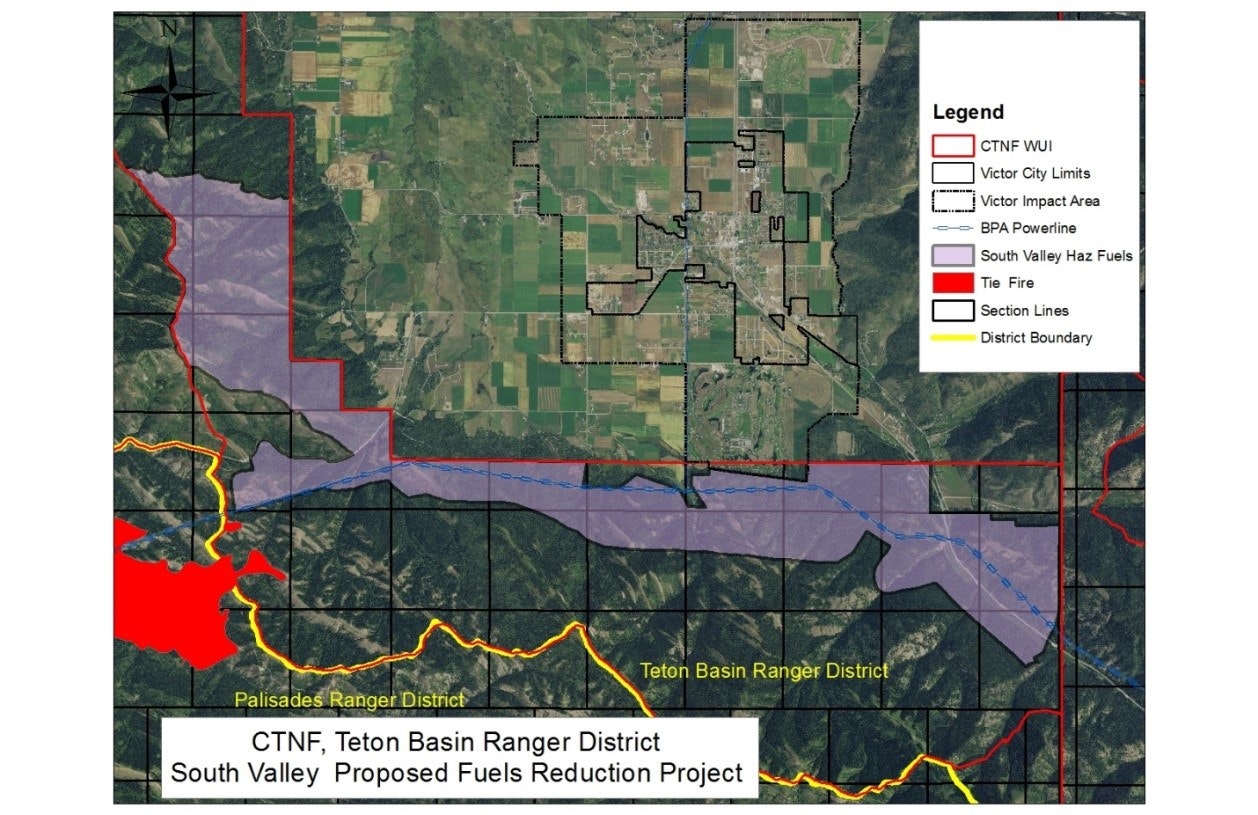 A map showing the South Valley Proposed Fuels Reduction Project with legends for city limits, powerlines, and fire.