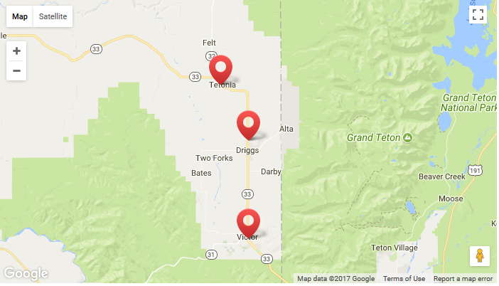 A map showing location pins near towns like Driggs and Victor, with Grand Teton National Park to the east.