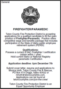 A job advertisement for a Firefighter/Paramedic at Teton County Fire Protection District with application details and qualifications.