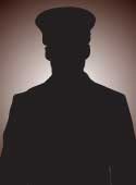 Silhouette of a person, possibly in uniform with a hat, against a gradient background.