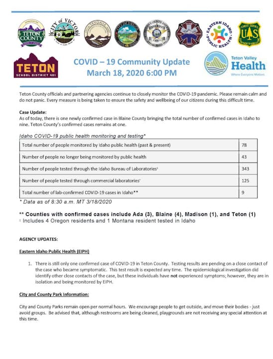 COVID-19 community update flyer with statistics and health recommendations dated March 18, 2020.