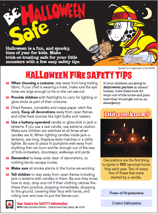 A colorful Halloween safety flyer with tips, a firefighter dog mascot, and a "Did you know?" fact box.