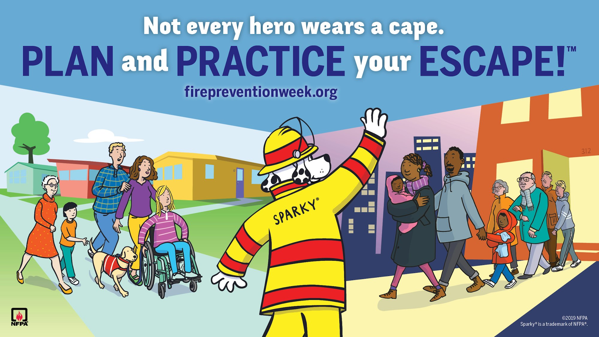 A colorful fire safety poster with diverse people and a dog following a firefighter mascot, promoting escape planning.