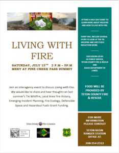 Flyer for a "Living with Fire" event on July 15, with talks, discussions, and contact info.
