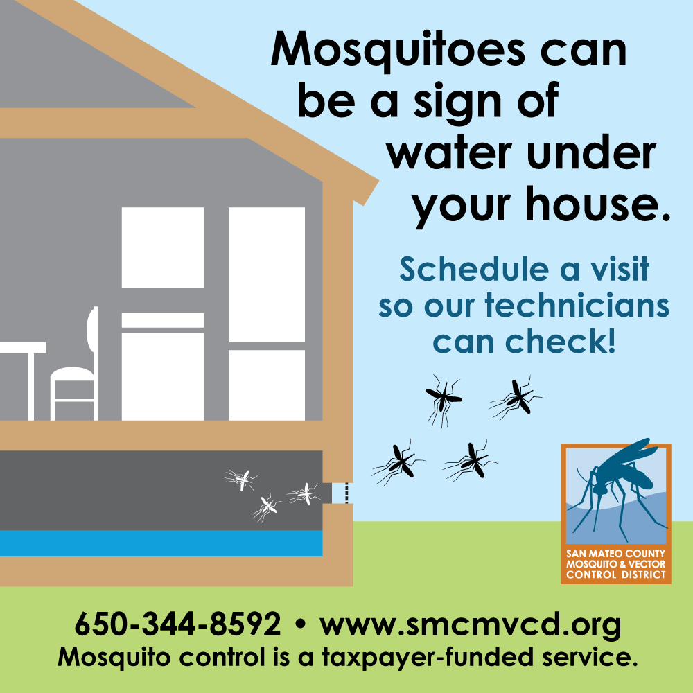 "Mosquitoes can indicate water under your house. Schedule a visit so our technicians can check! 650-344-8592 www.smcmvcd.org Mosquito control is a taxpayer-funded service." San Mateo County Mosquito and Vector Control District logo and a computer-generated image of the side of a house cutaway to show the inside of the house and the crawlspace with water in the crawlspace. There are mosquitoes flying in the crawlspace and out to outside the house.