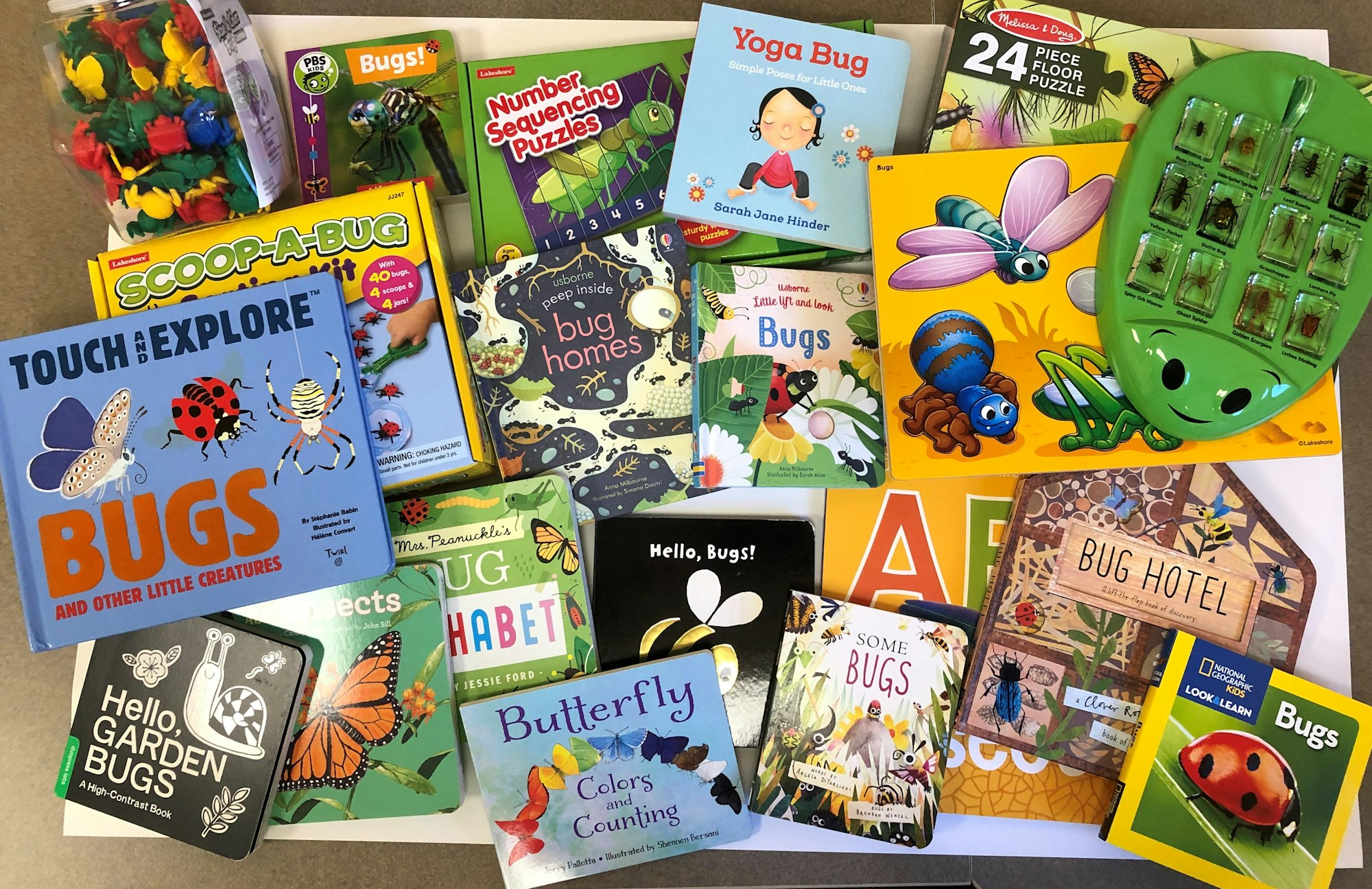 An assortment of bug-themed children's books and small bug toys