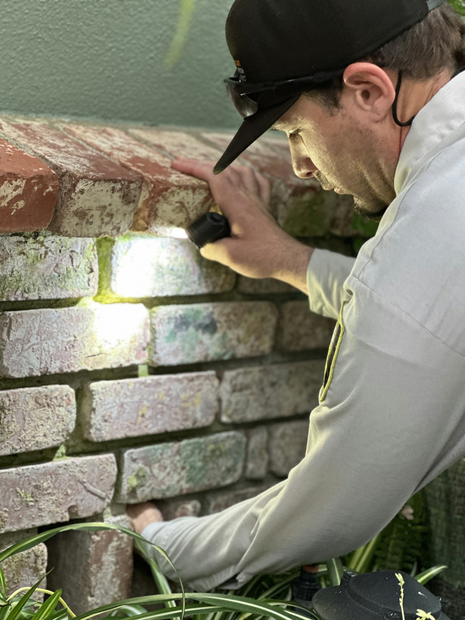 A person in a hat examines a brick wall with a flashlight.
