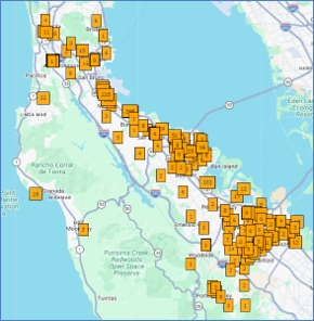 The image shows a map with numbered markers in orange, likely indicating locations or points of interest in a specific area.