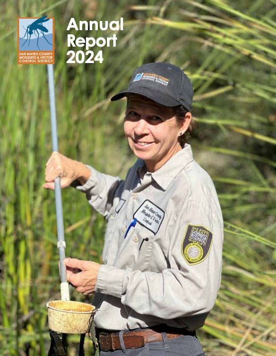 A person in uniform holds a tool and stands among reeds; "Annual Report 2024" and "San Mateo County Mosquito & Vector Control District" visible.